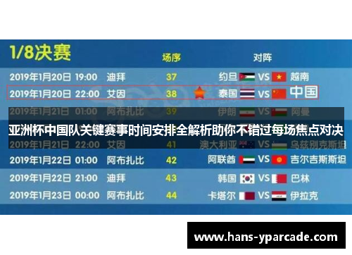 亚洲杯中国队关键赛事时间安排全解析助你不错过每场焦点对决 亚洲杯中国队关键赛事时间安排全解析助你不错过每场焦点对决