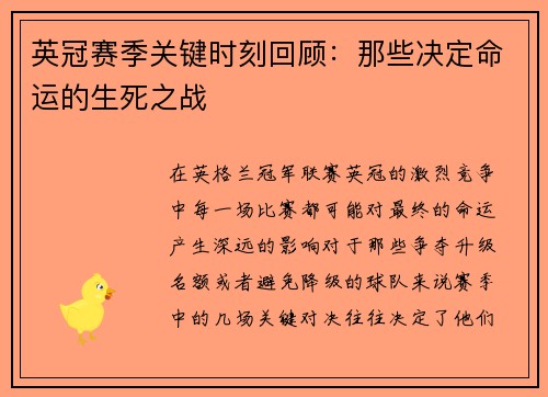 英冠赛季关键时刻回顾：那些决定命运的生死之战