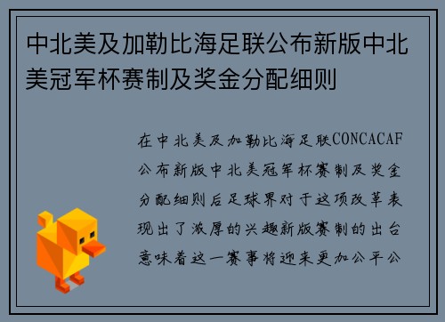 中北美及加勒比海足联公布新版中北美冠军杯赛制及奖金分配细则