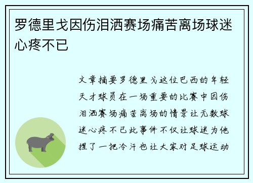 罗德里戈因伤泪洒赛场痛苦离场球迷心疼不已