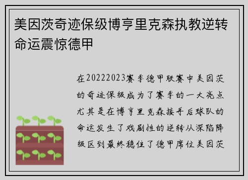 美因茨奇迹保级博亨里克森执教逆转命运震惊德甲